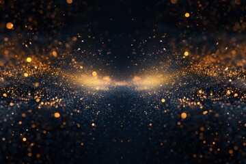 Fototapeta na wymiar Captivating Symmetrical Photo Of Abstract Black And Gold Particles On A Navy Blue Background, With A Glowing Golden Light And Ample Copy Space