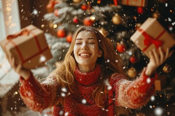 Happy woman throwing gift box near Christmas tree at home - obrazy, fototapety, plakaty