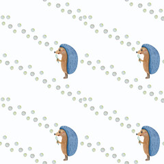 Watercolor pattern with a hedgehog blowing soap bubbles