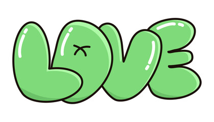 Groovy bubble sticker green vector word Love vector cartoon illustration on white isolated background. Modern groovy Valentines day outline bubble type, font