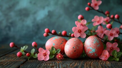 Pin and turquois Easter Eggs with pink flower background copy space
