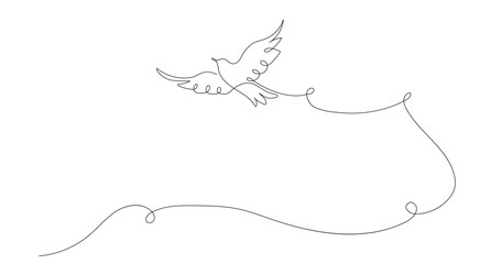 One continuous line drawing of a flying pigeon, background. Bird symbol of peace and freedom in simple linear style