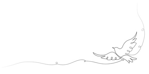 One continuous line drawing of a flying pigeon, background. Bird symbol of peace and freedom in simple linear style