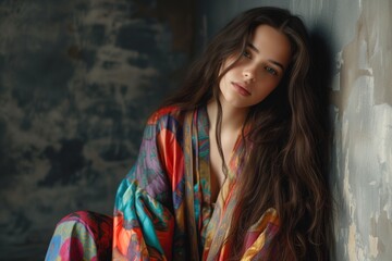 Fototapeta premium Beautiful Young Woman In Colorful Silk Robe