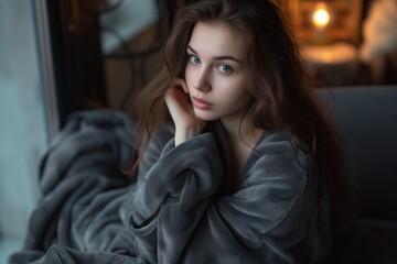 Fototapeta premium Beautiful Young Woman In Dark Gray Bathrobe