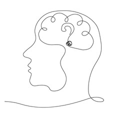 Human head and question mark. Concept of thoughts about business, man asking questions, looking for answers. In the style of one line