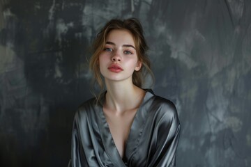 Elegant Young Woman Adorned In Dark Gray Silk Robe