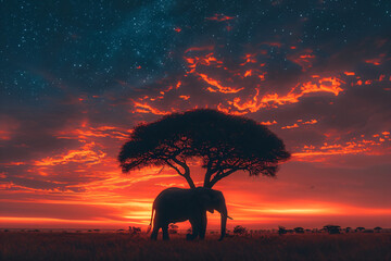 Silhouette of large acacia tree in the savanna plains with elephant. African sunset or sunrise....