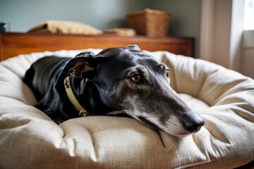 Black greyhound dozing peacefully inside dog bed with head resting on paws.