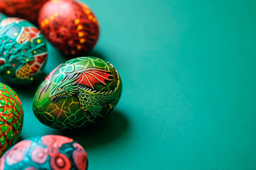 Colored Easter eggs with dragon pattern on green background