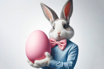 bunny with human body in blue shirt and pink bow tie holding big pink Easter egg on white background. ai generative - obrazy, fototapety, plakaty