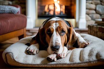 Elderly basset hound lightly snoring on dog bed in living room near lit stone fireplace.