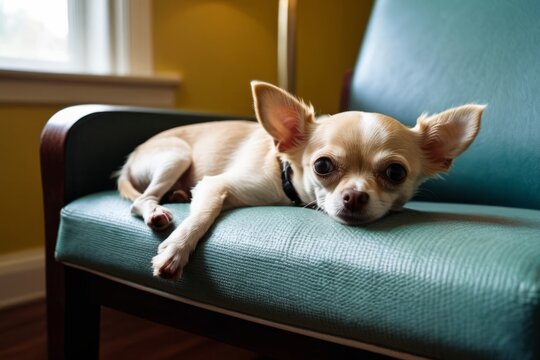 Tiny Chihuahua Comfortably Asleep Under Chair Tucked Between Table Leg And Cushion.