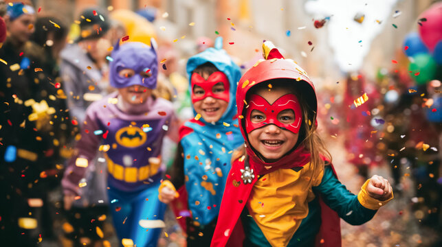 des enfants d&eacute;guis&eacute;s pour mardi gras d&eacute;filent dans la rue