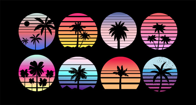 SUN Vintage with palm tree , colorful retro Circle Illustrations, Perfect for sticker, logo, icon, t-shirt, Abstract ocean view background, great set collection clip art Silhouette.