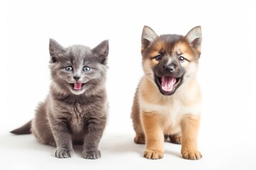 Perfectly Balanced, Symmetrical Photo Of A Playful Puppy And Calm Gray Cat On A White Background With Copy Space