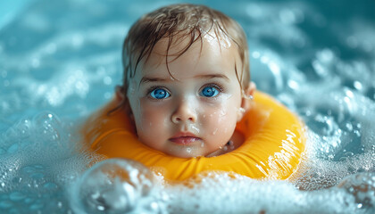 Fototapeta na wymiar Baby floating wearing a donut. Baby enjoying in the jacuzzi. Spa for babies. Hydrotherapy session for children. Baby swimming. Baby float. Popular activity massage for babies