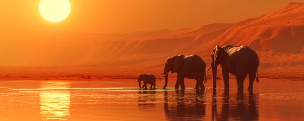 Keuken spatwand met foto African elephants walking through the savanna plains on sunset or sunrise. Wild nature, Kenya panoramic view. Black history month concept. World rhino day. Animal protection © ratatosk