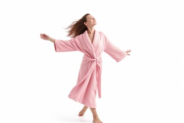 Woman In Pink Bathrobe Fulllength On White Background