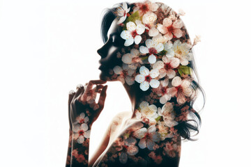Spring closeup silhouette of beautiful sensual little girl blended with blooming flowers. ai generative