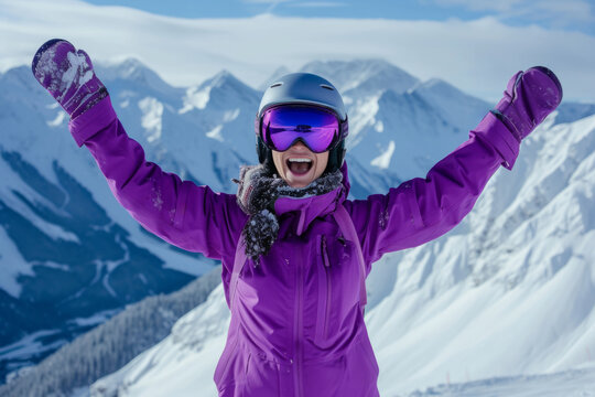 Energetic Young Woman Radiates Confidence And Joy In Stunning Purple Ski Gear Atop Snowy Mountain - Symmetrical Photo With Copy Space
