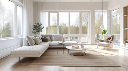 Fototapeta na wymiar Scandinavian living room with a focus on eco-friendly design, light wood furniture, green plants, and large, sunlit windows