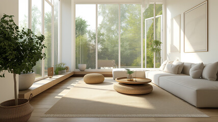 Scandinavian living room with a focus on eco-friendly design, light wood furniture, green plants, and large, sunlit windows