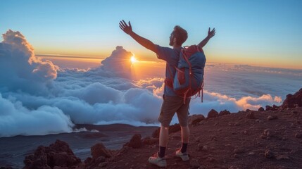 Man Standing on Top of Mountain With Arms Raised in Celebration Generative AI