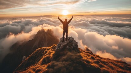 Man Celebrating on Top of a Mountain With Raised Arms Generative AI