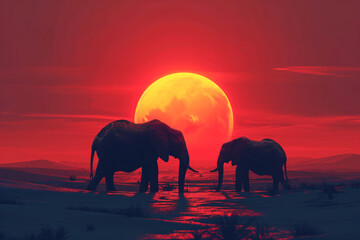 African elephants walking through the savanna plains on sunset or sunrise. Wild nature, Kenya panoramic view. Black history month concept. World rhino day. Animal protection - obrazy, fototapety, plakaty