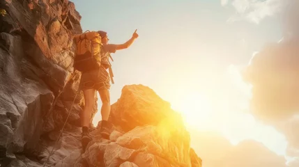 Fototapeten Man Standing on Top of Rocky Cliff Celebrating Success Generative AI © j@supervideoshop.com