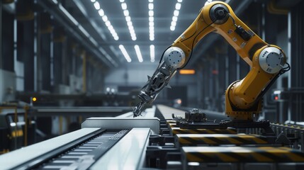 Robot Arm Assemble robotic arm with a gripper tool View of Gripper on universal robot is sorting goods on automatic conveyor by vision system in smart warehouse