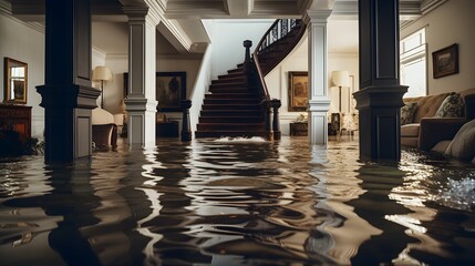 Home Floor Flooded, Showcasing Water Damage And Potential Issues - obrazy, fototapety, plakaty