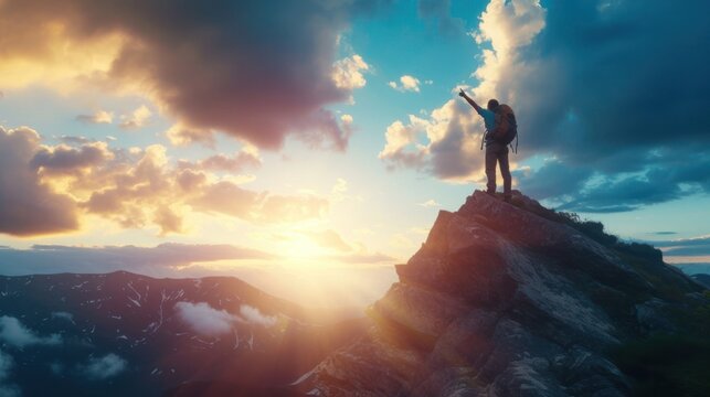 Man Standing on Top of Snowy Mountain With Arms Raised in Celebration Generative AI
