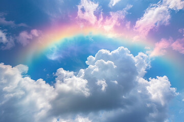 Rainbow in a cloudy blue sky.