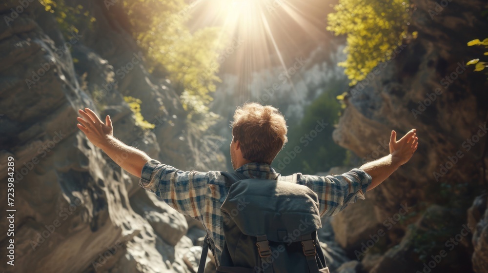 Aufkleber adventurous man standing on cliff with backpack generative ai