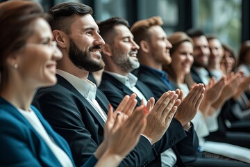 Applauding people. Happy satisfied audience joyfully applauding during business conference or...