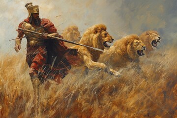 Assirian warrior hunting lions
