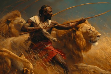 Assirian warrior hunting lions