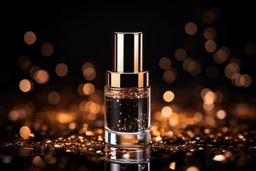 serum cosmetic with luxury gold bottle on black background