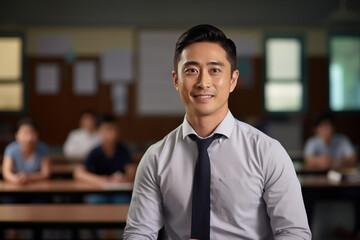 Fototapeta premium Smiling asian men teacher in a classroom. Asian teacher in a room. Men teacher. Back to School. School holidays At work. AI.