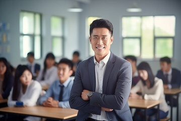  Smiling asian men teacher in a classroom. Asian teacher in a room. Men teacher. Back to School. School holidays At work. AI. - obrazy, fototapety, plakaty