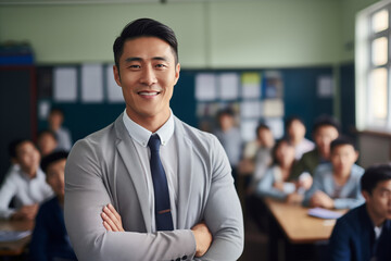  Smiling asian men teacher in a classroom. Asian teacher in a room. Men teacher. Back to School. School holidays At work. AI. - obrazy, fototapety, plakaty