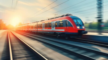 The vibrant city skyline provides a stunning backdrop to this high-speed train, capturing the essence of urban life in motion