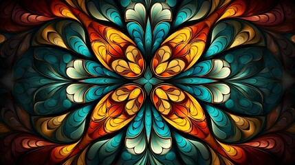 A colorful stained glass window with a orange and blue mandala abstract background