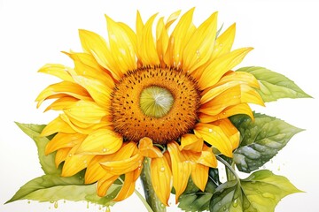 A bright yellow sunflower with green leaves stands out against a clean white background