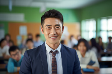 Fototapeta premium Smiling asian men teacher in a classroom. Asian teacher in a room. Men teacher. Back to School. School holidays At work. AI.