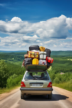 An image that encapsulates the thrill of family adventures, suitcases adorning the car's rooftop.