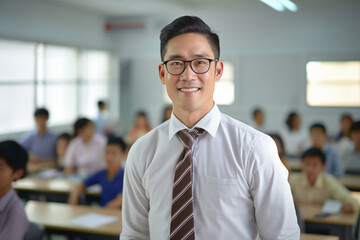 Naklejka premium Smiling asian men teacher in a classroom. Asian teacher in a room. Men teacher. Back to School. School holidays At work. AI.
