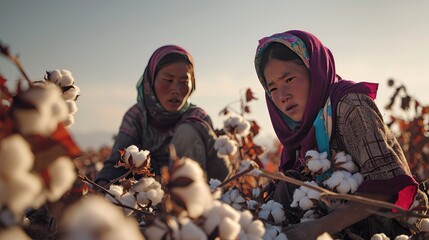 In the cotton fields, a woman's deft touch and focused gaze reveal the artistry behind collecting cotton, a labor of love and tradition - obrazy, fototapety, plakaty